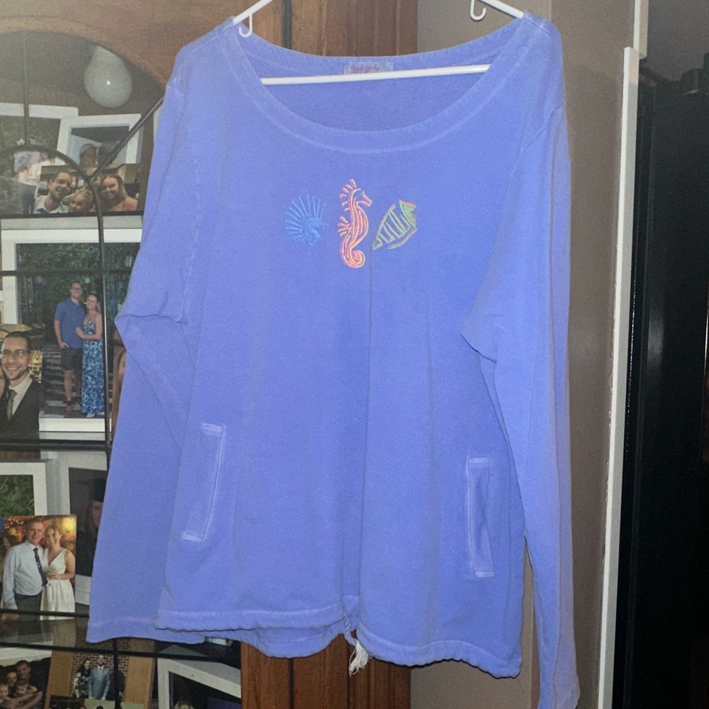 XL/XXL Stretchy Fresh Produce Blue Distressed Sweatshirt. Runs small ! - Picture 2 of 15